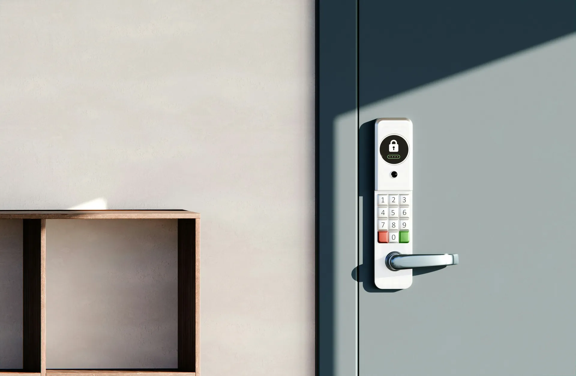 A close-up of a smart lock with a keypad on a modern grey door.